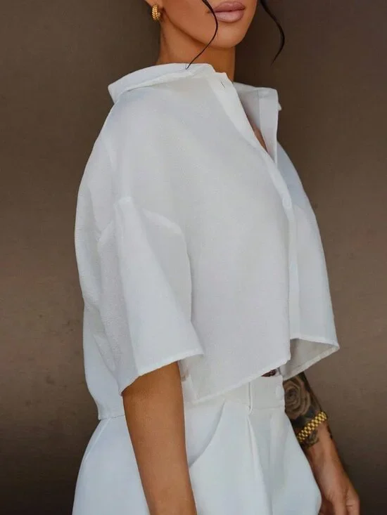 White Casual Women's Woven Cropped Shirt - Picture 1 of 6